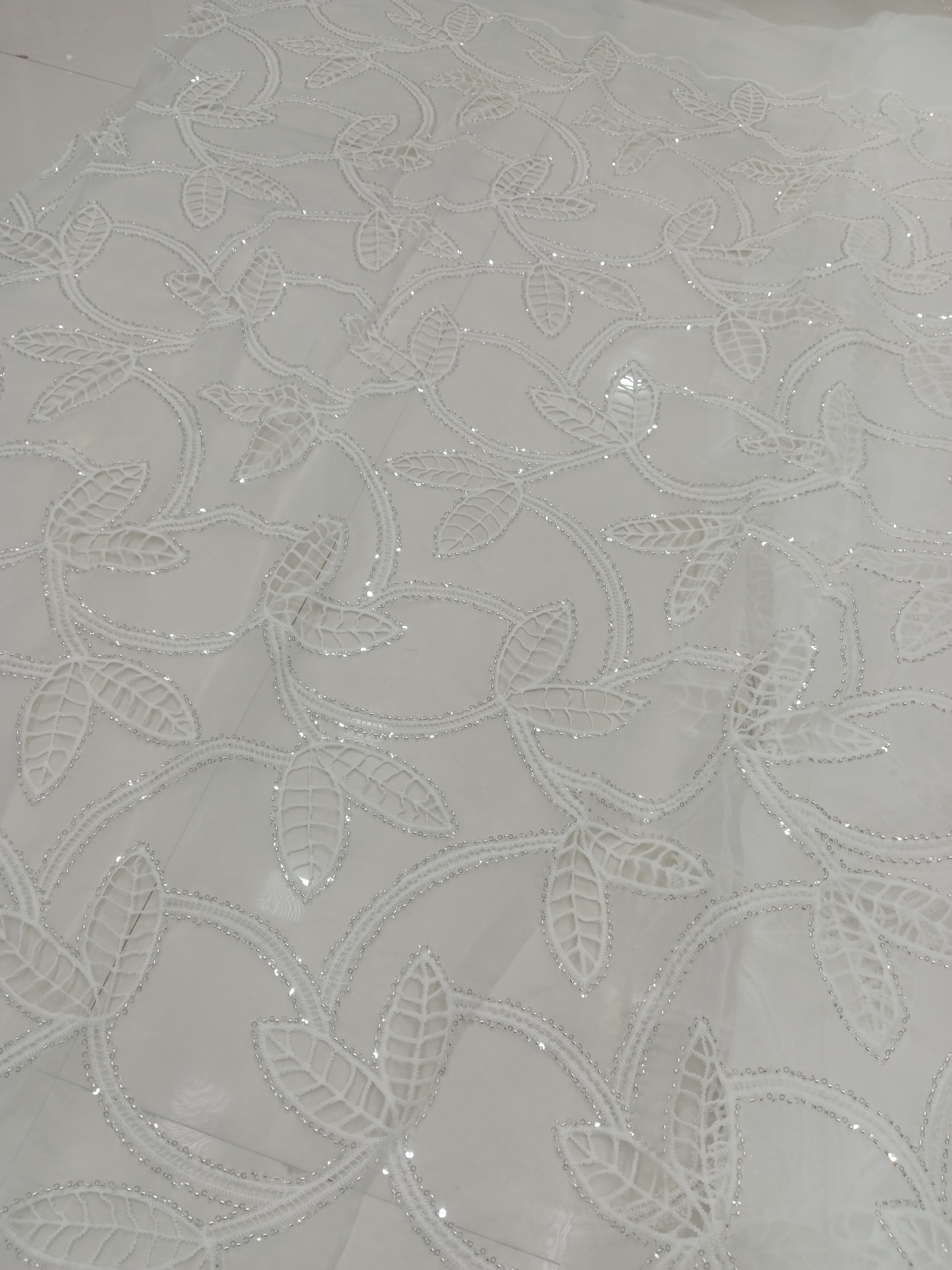 White Sequin Leaf Vine Embroidered Organza Fabric