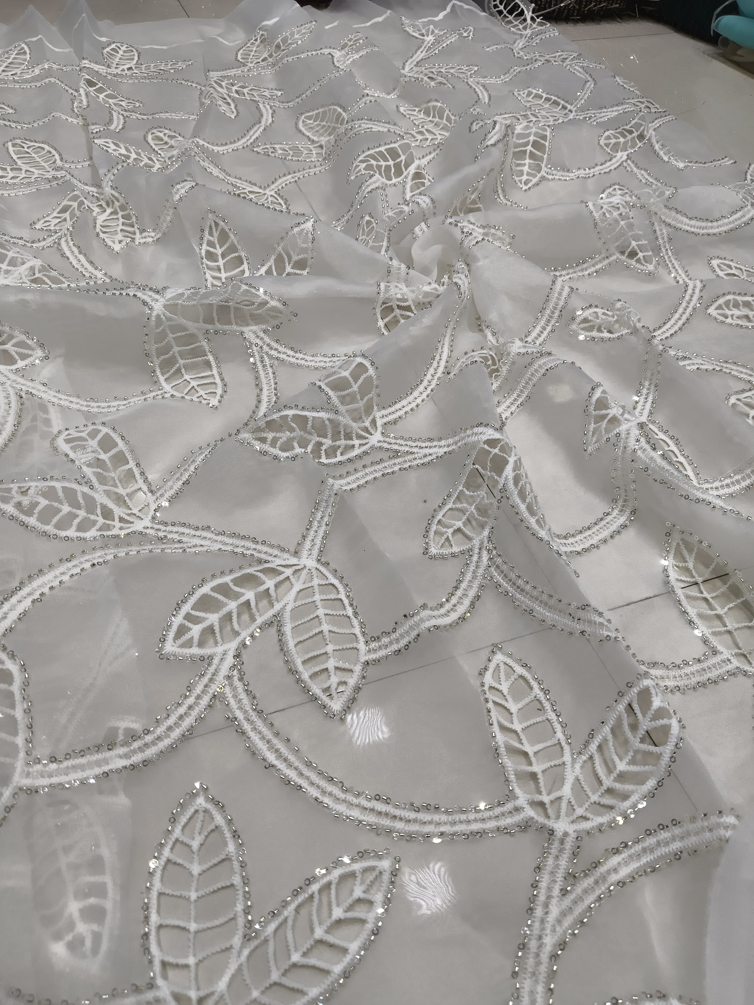 White Sequin Leaf Vine Embroidered Organza Fabric