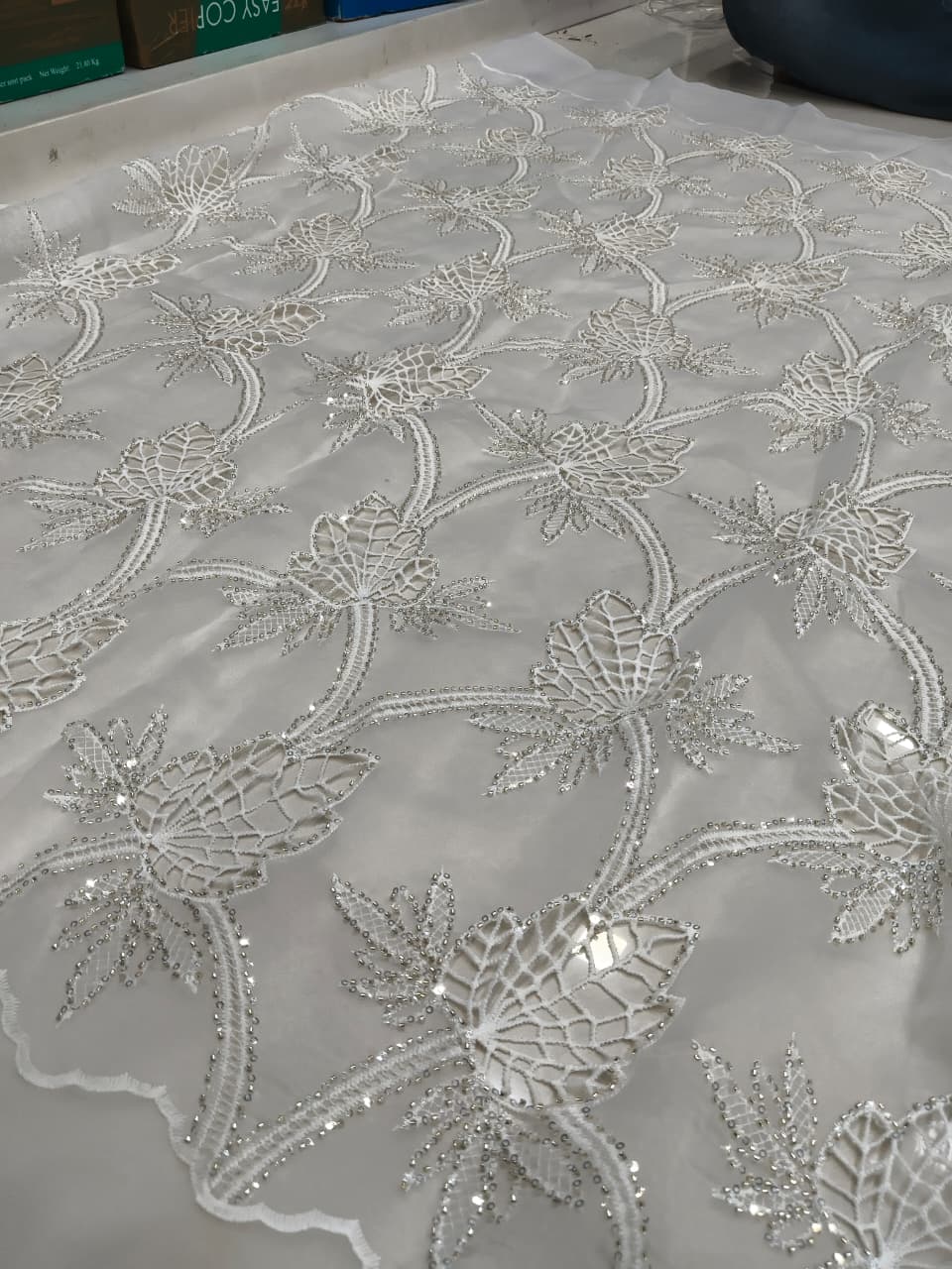 White Sequin Leaf Vine Embroidered Organza Fabric
