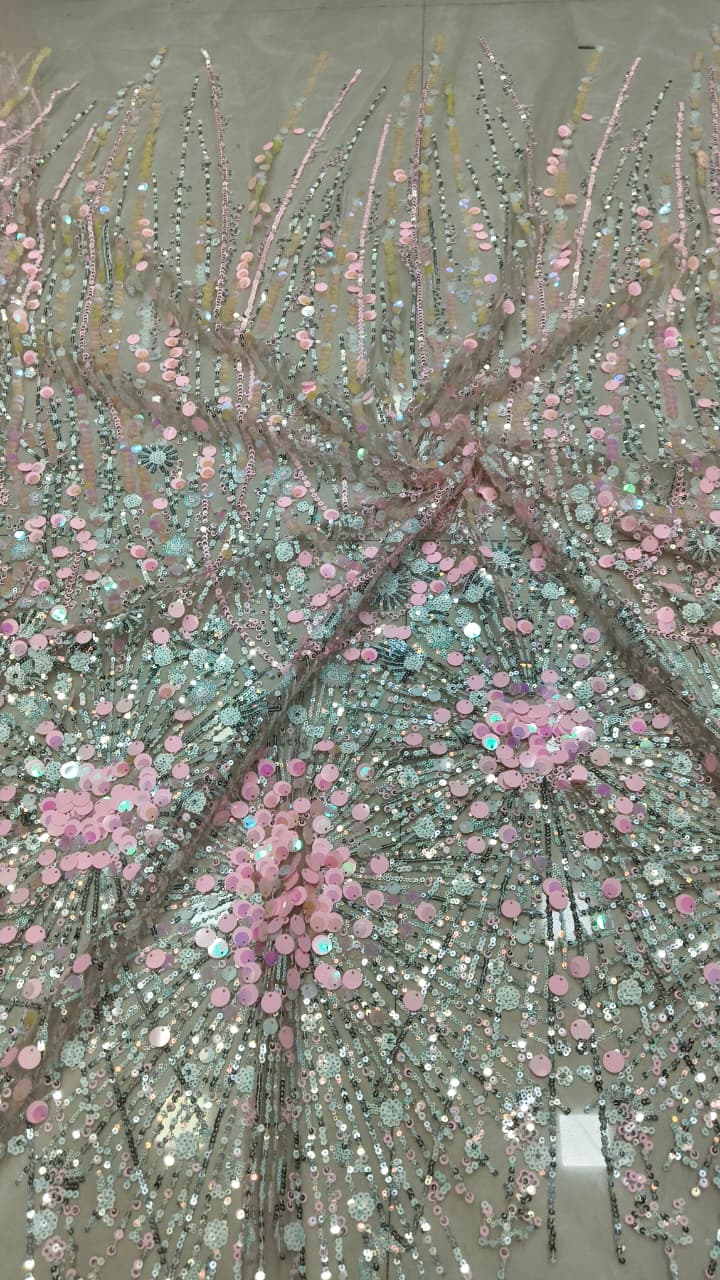 Blush Pink 3D Sequin Floral Burst Embroidered Net Fabric