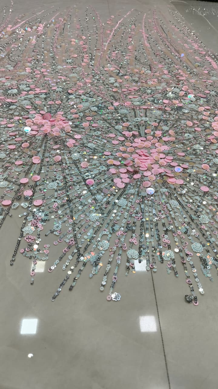 Blush Pink 3D Sequin Floral Burst Embroidered Net Fabric