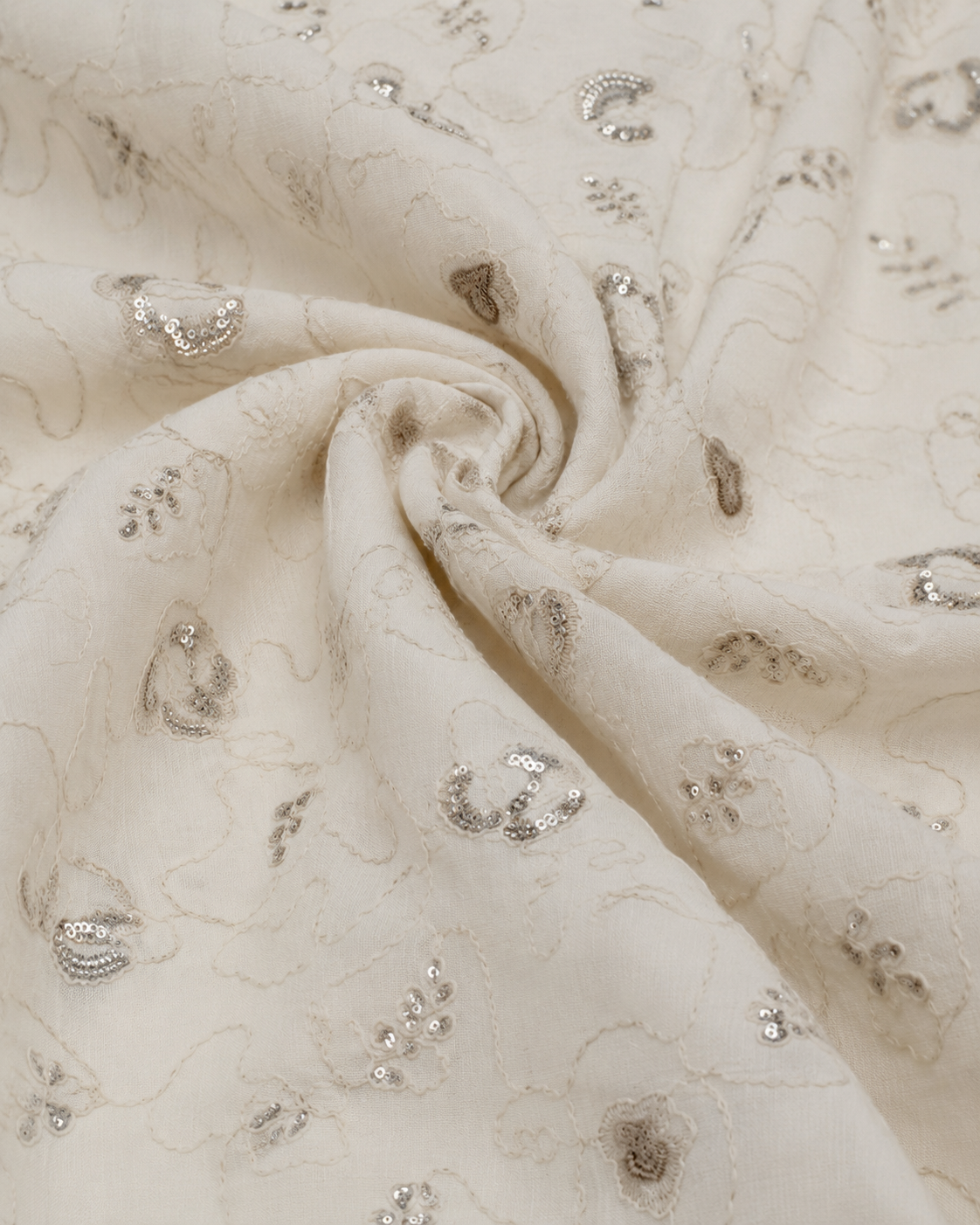 Ivory Slub Cotton Embroidered Sequin Fabric - image 9