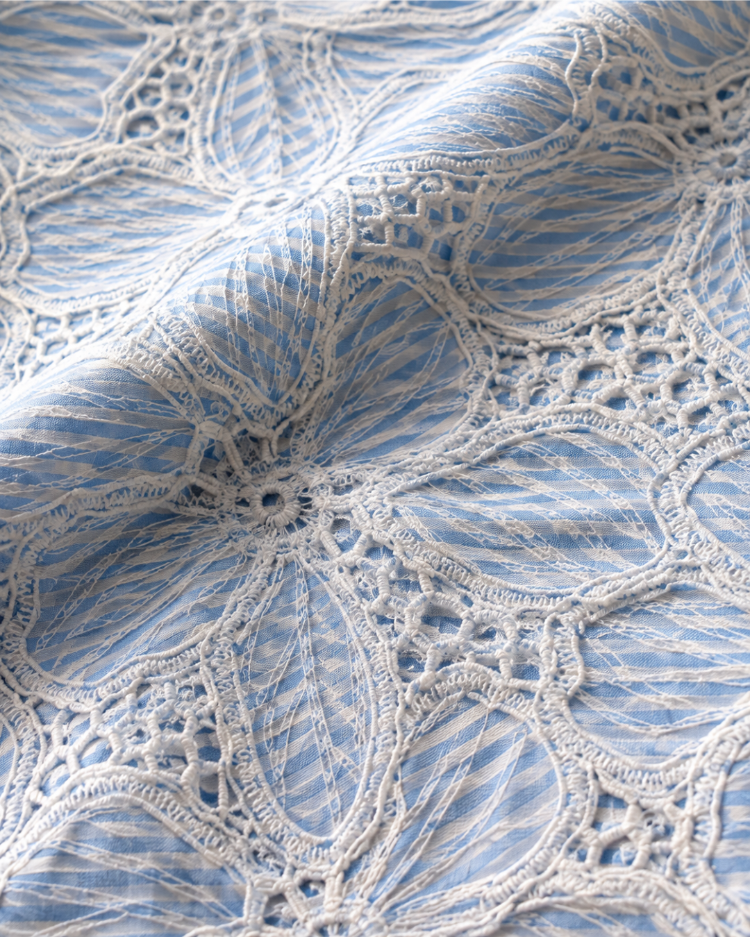 Blue and White Striped Floral Corded Schiffli Fabric with Cutwork Lace