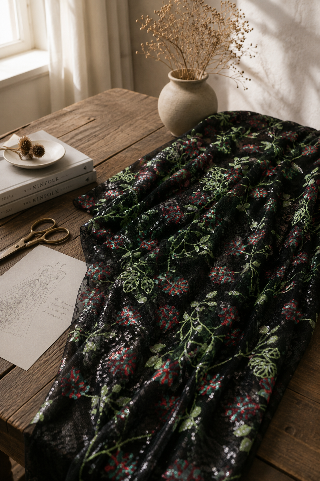 Floral Sequin Embroidery Net Fabric - image 1