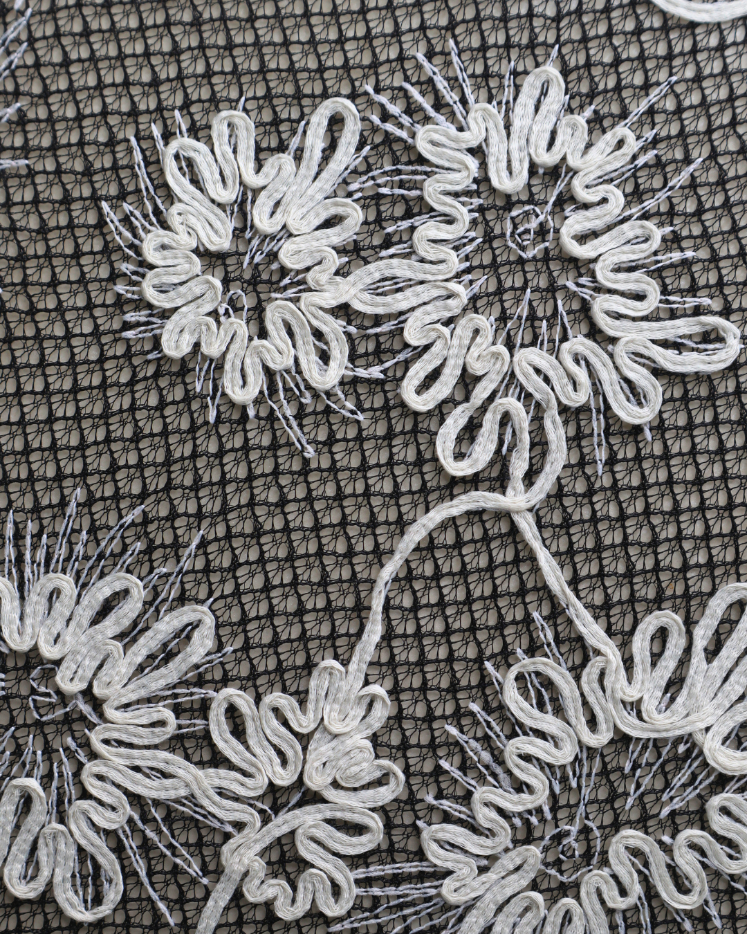 Black Embroidered Mesh Fabric with Ivory Floral Motifs