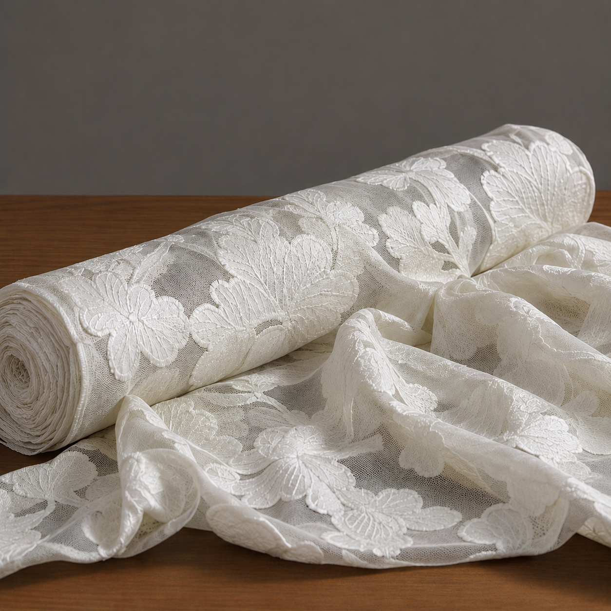 Light Cream 3D Floral Embroidered Net Fabric - image 8