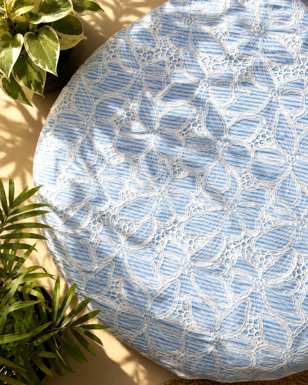 Blue and White Striped Floral Corded Schiffli Fabric with Cutwork Lace