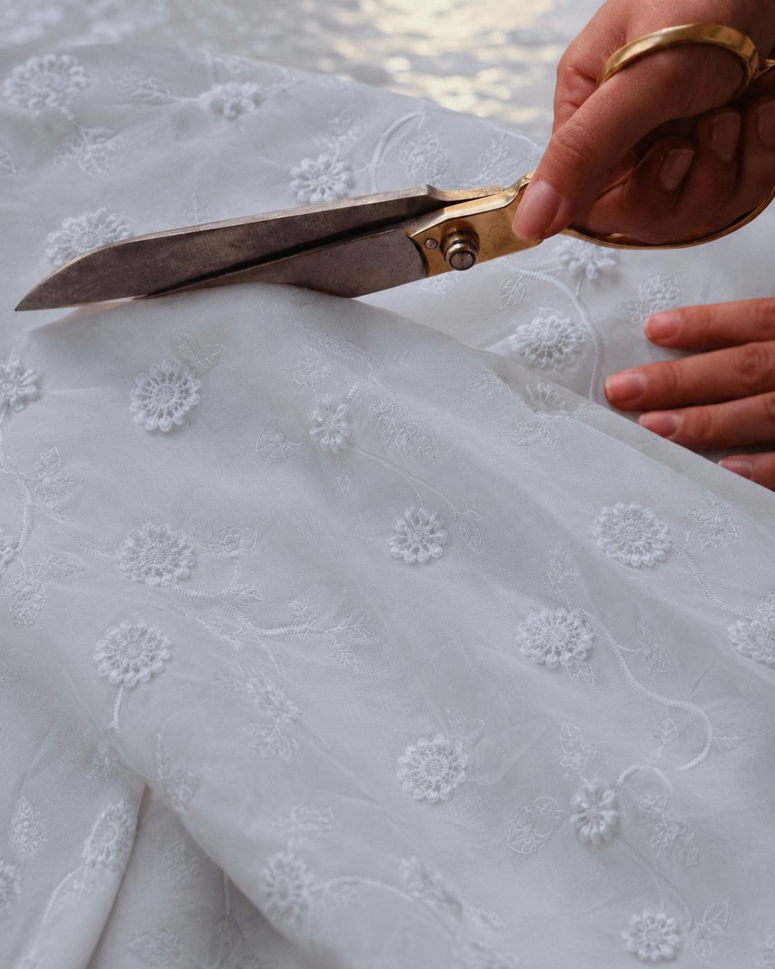 White Embroidered Fabric with Schiffli Embroidery - image 3