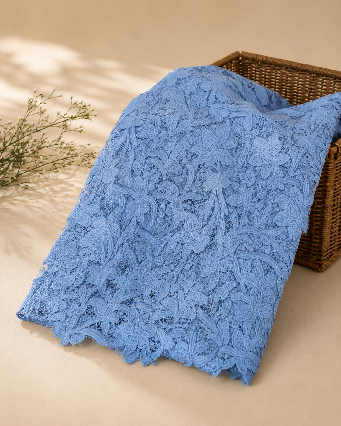 Powder Blue Heavy Floral Embroidered Net Fabric - image 7