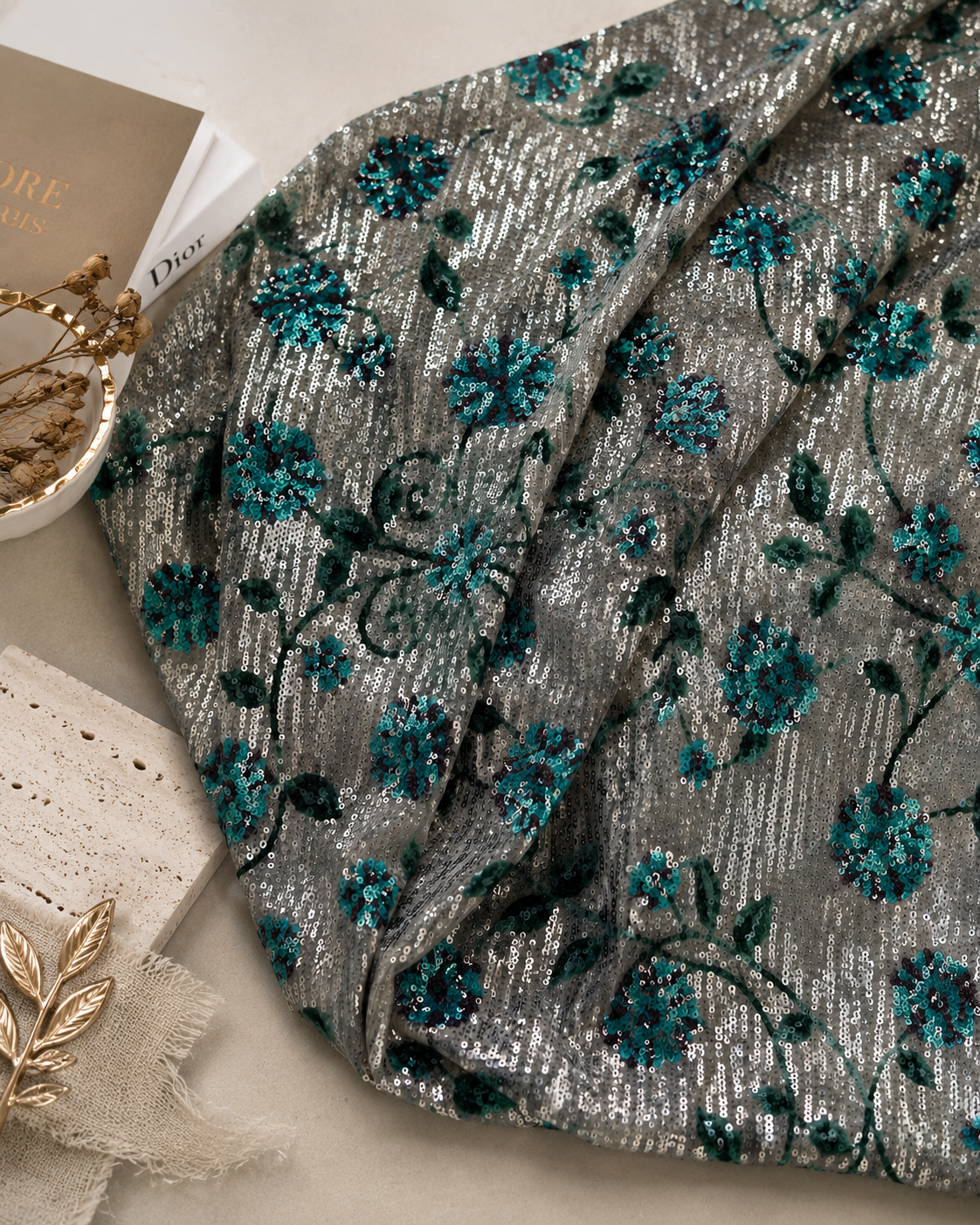 Floral Sequin Embroidered Net Fabric - image 3