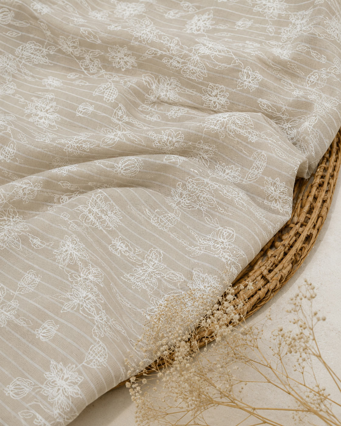 Beige Linen Look Cotton Floral Printed Fabric - image 1