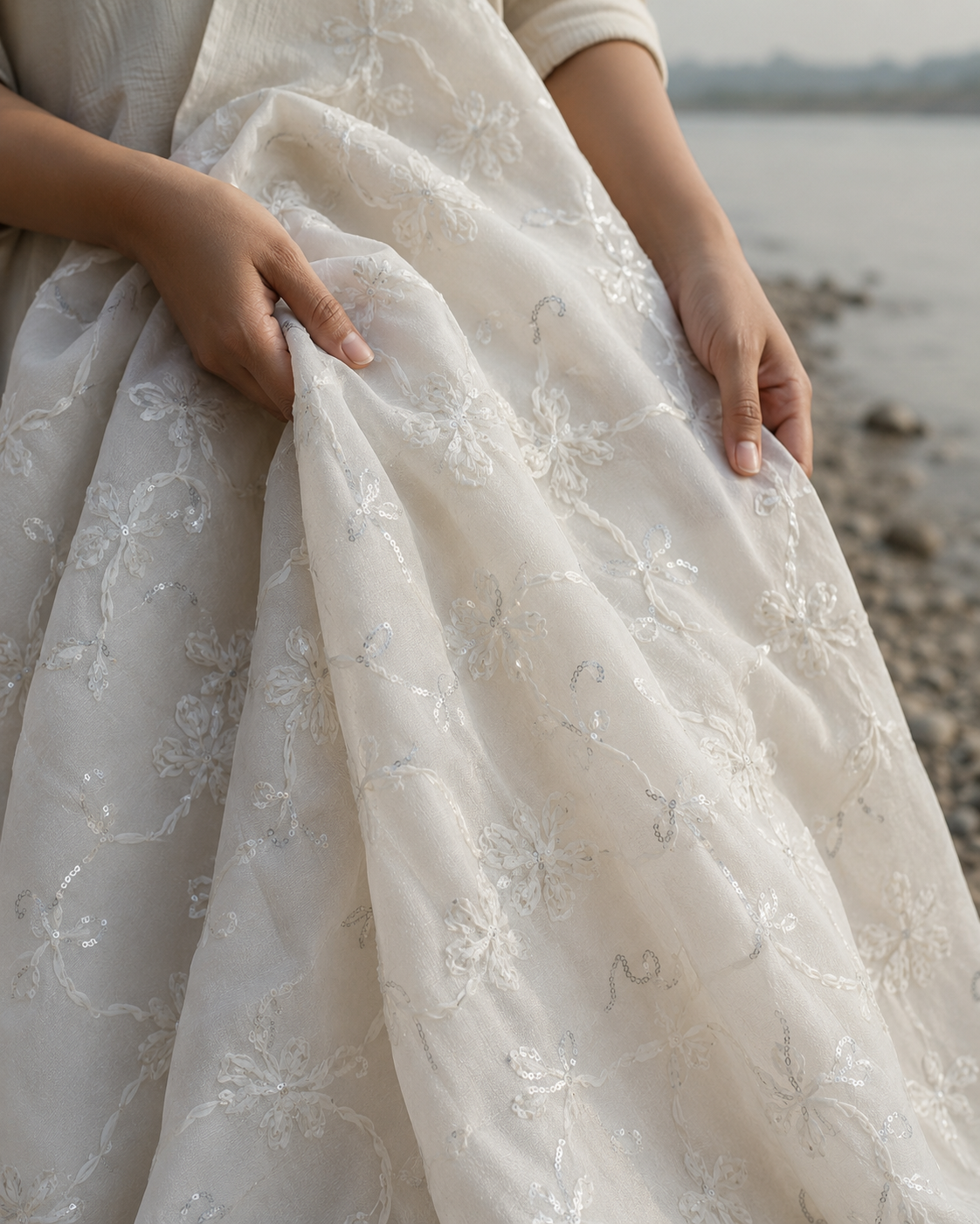 Sheer Embroidered Fabric with Sequins - image 5