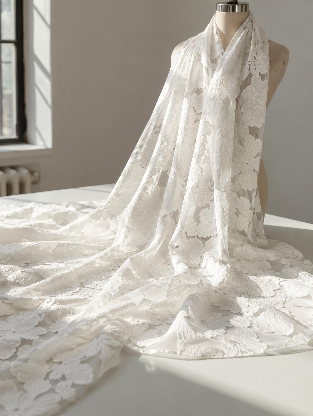 Light Cream 3D Floral Embroidered Net Fabric - image 7