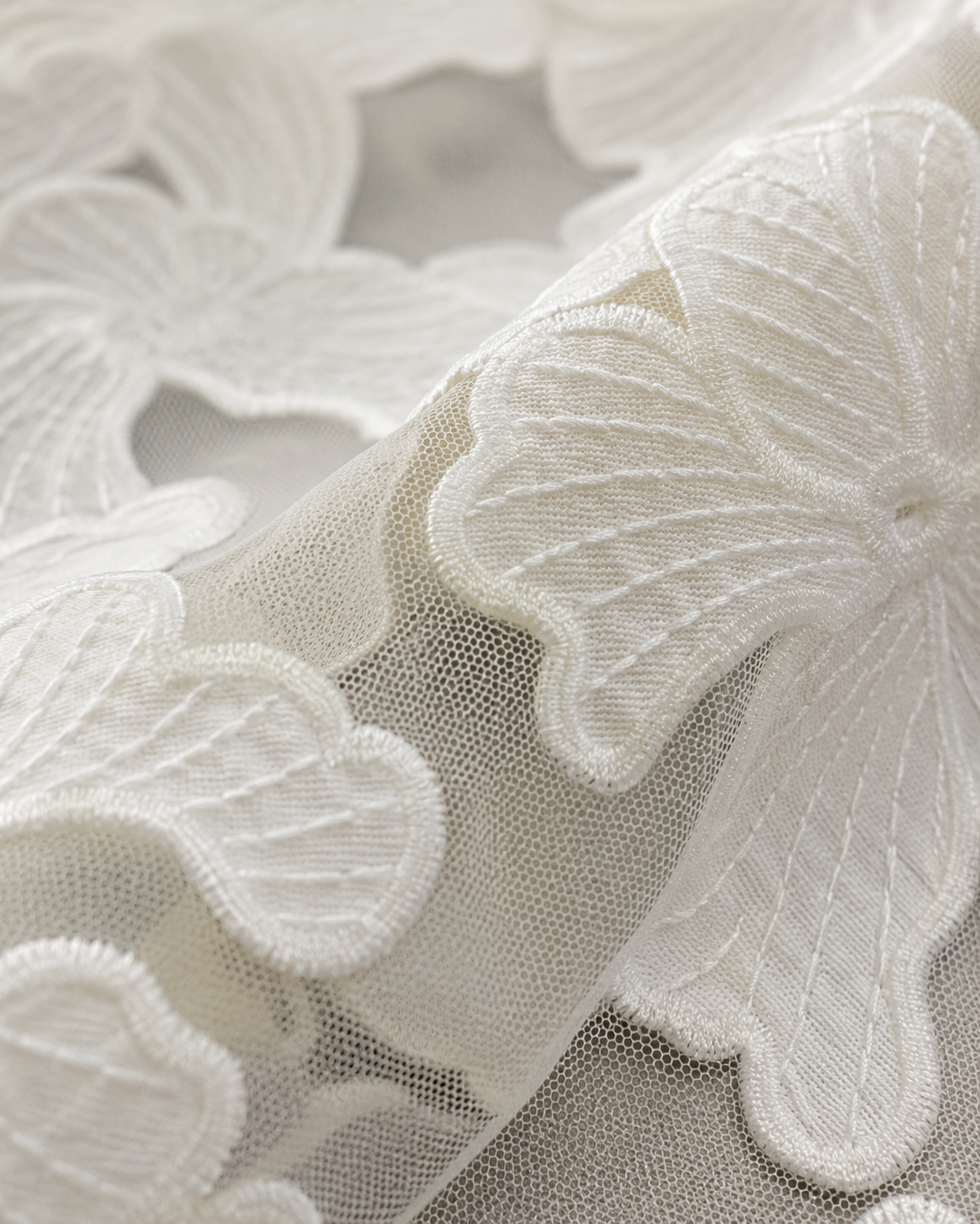 Light Cream 3D Floral Embroidered Net Fabric - image 4