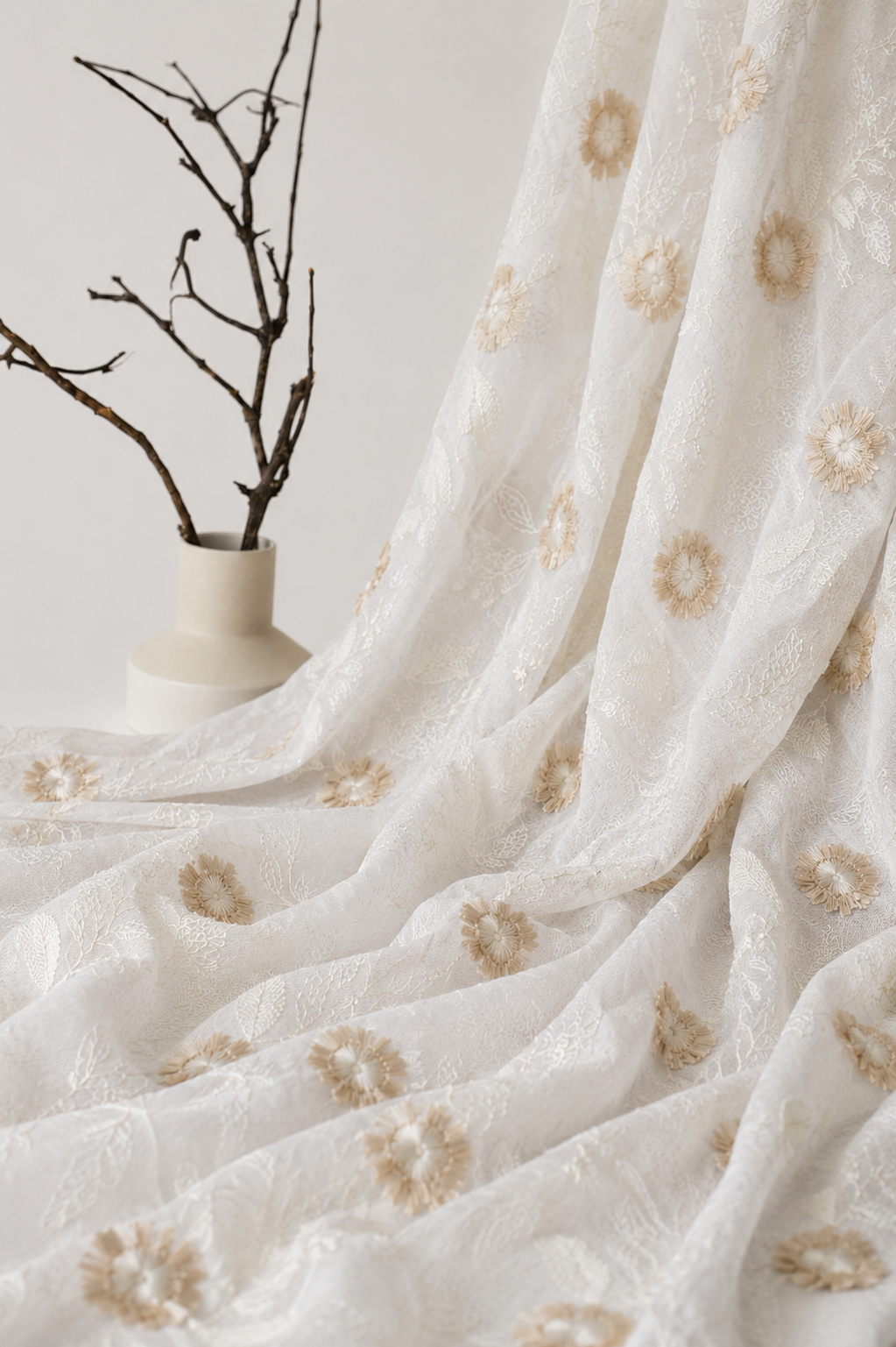 Cotton Fabric with 3D Floral Appliqué - image 1