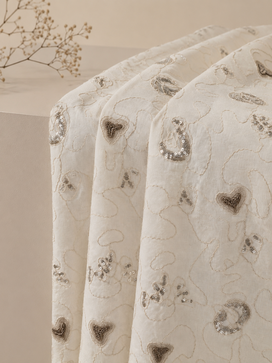 Ivory Slub Cotton Embroidered Sequin Fabric - image 7