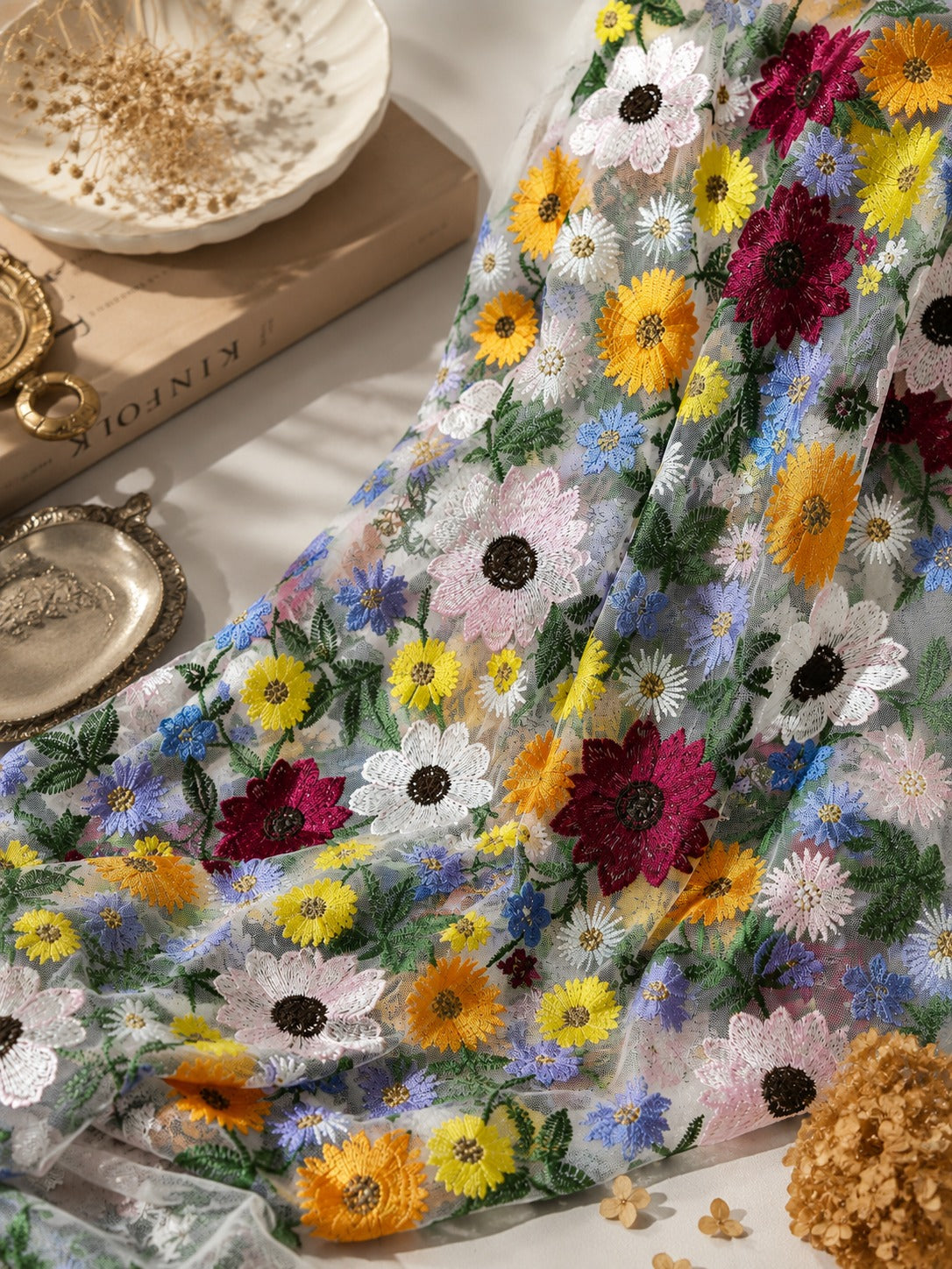 Floral Embroidered Net Fabric - image 2