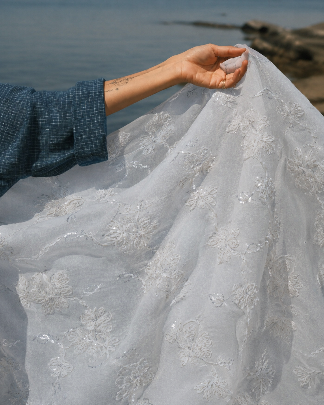 Sheer Embroidered Fabric with Sequins - image 3