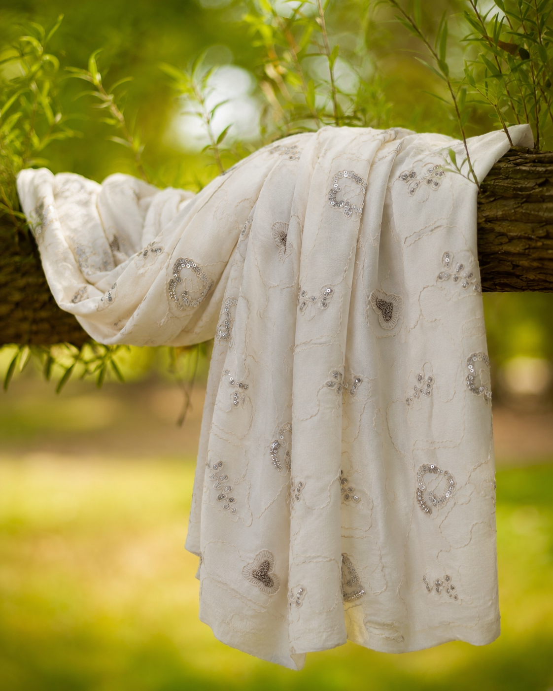 Ivory Slub Cotton Embroidered Sequin Fabric - image 1