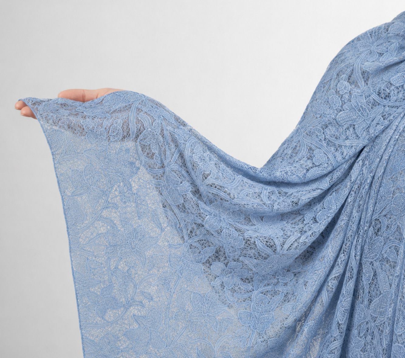 Powder Blue Heavy Floral Embroidered Net Fabric - image 2