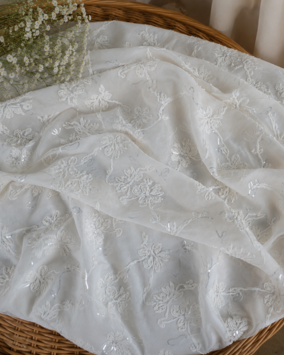 Sheer Embroidered Fabric with Sequins - image 1