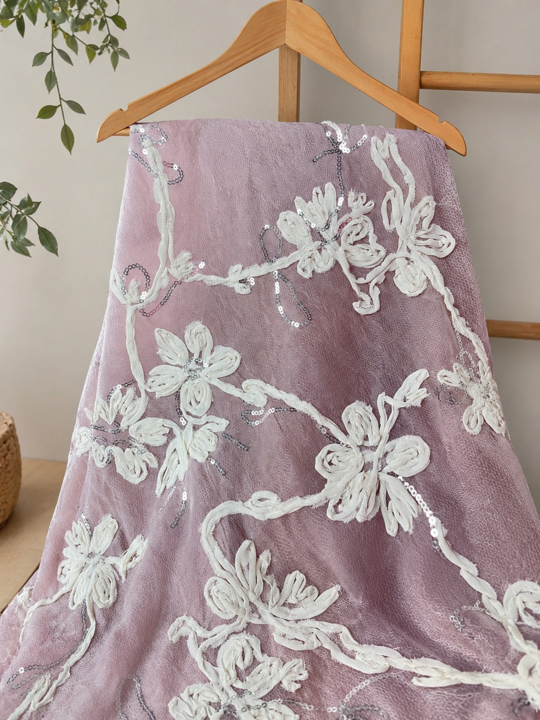 Fabric with Ribbon Embroidery and Sequin Embellishments - image 1
