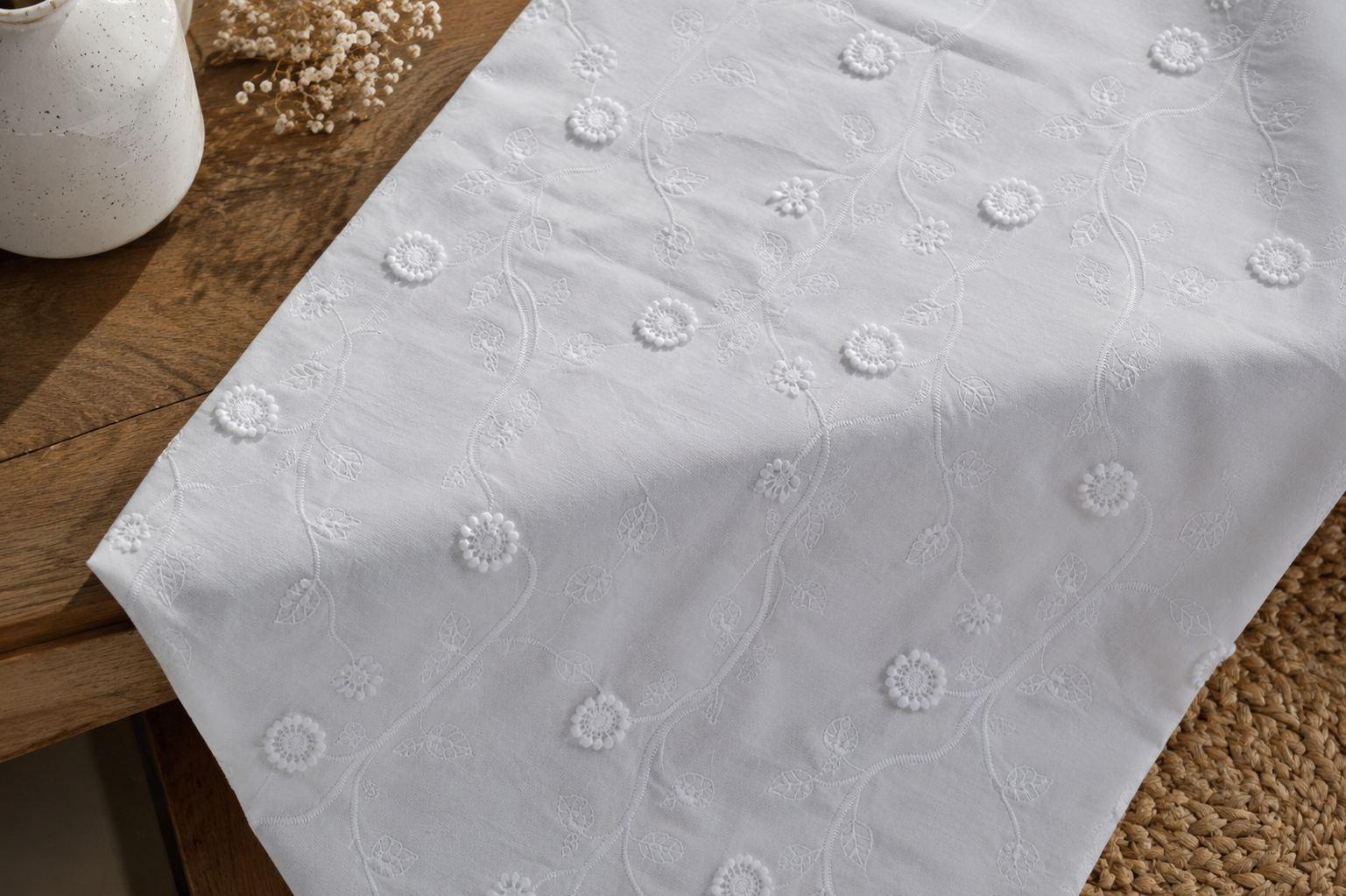 White Embroidered Fabric with Schiffli Embroidery - image 7