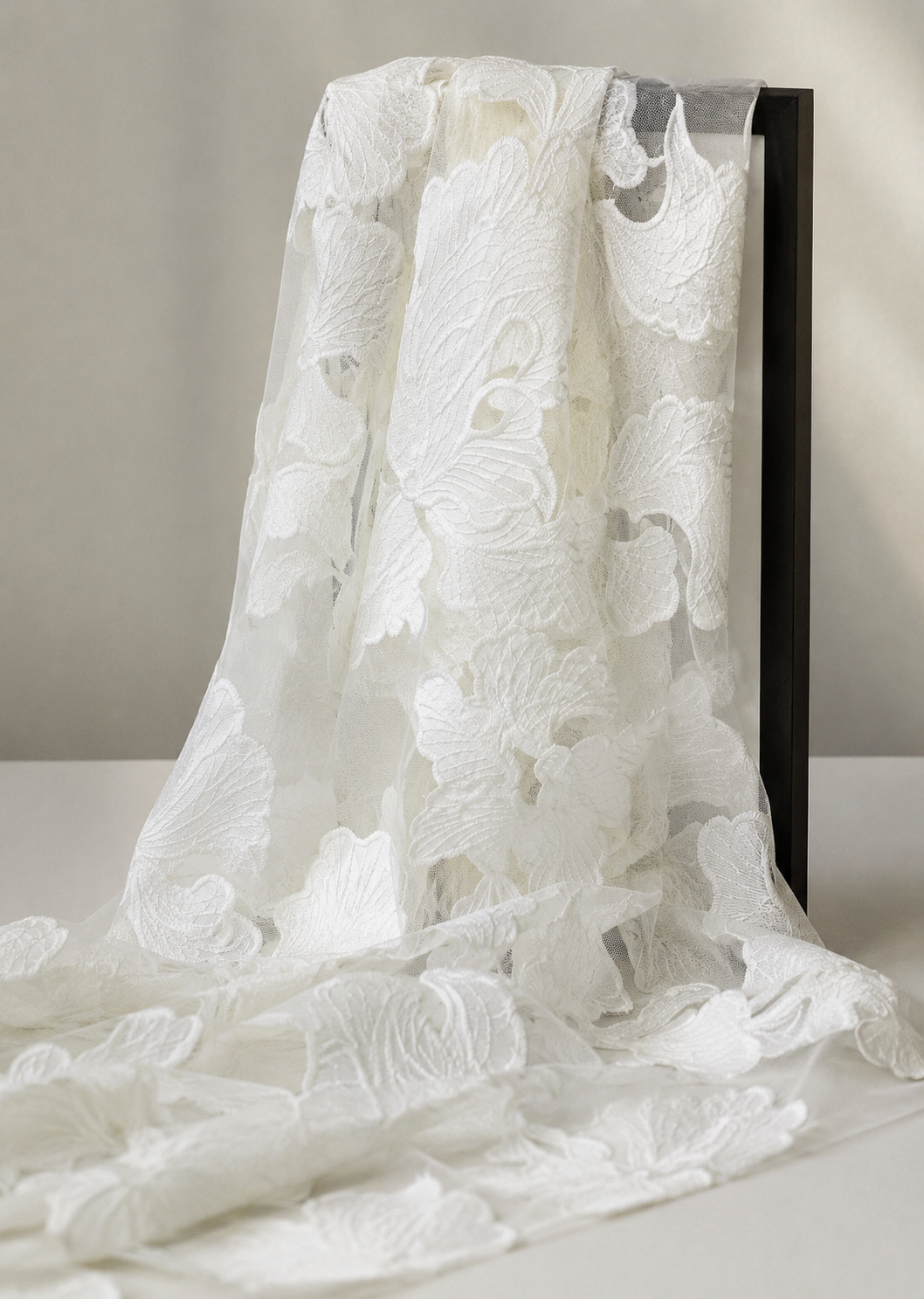 Light Cream 3D Floral Embroidered Net Fabric - image 3