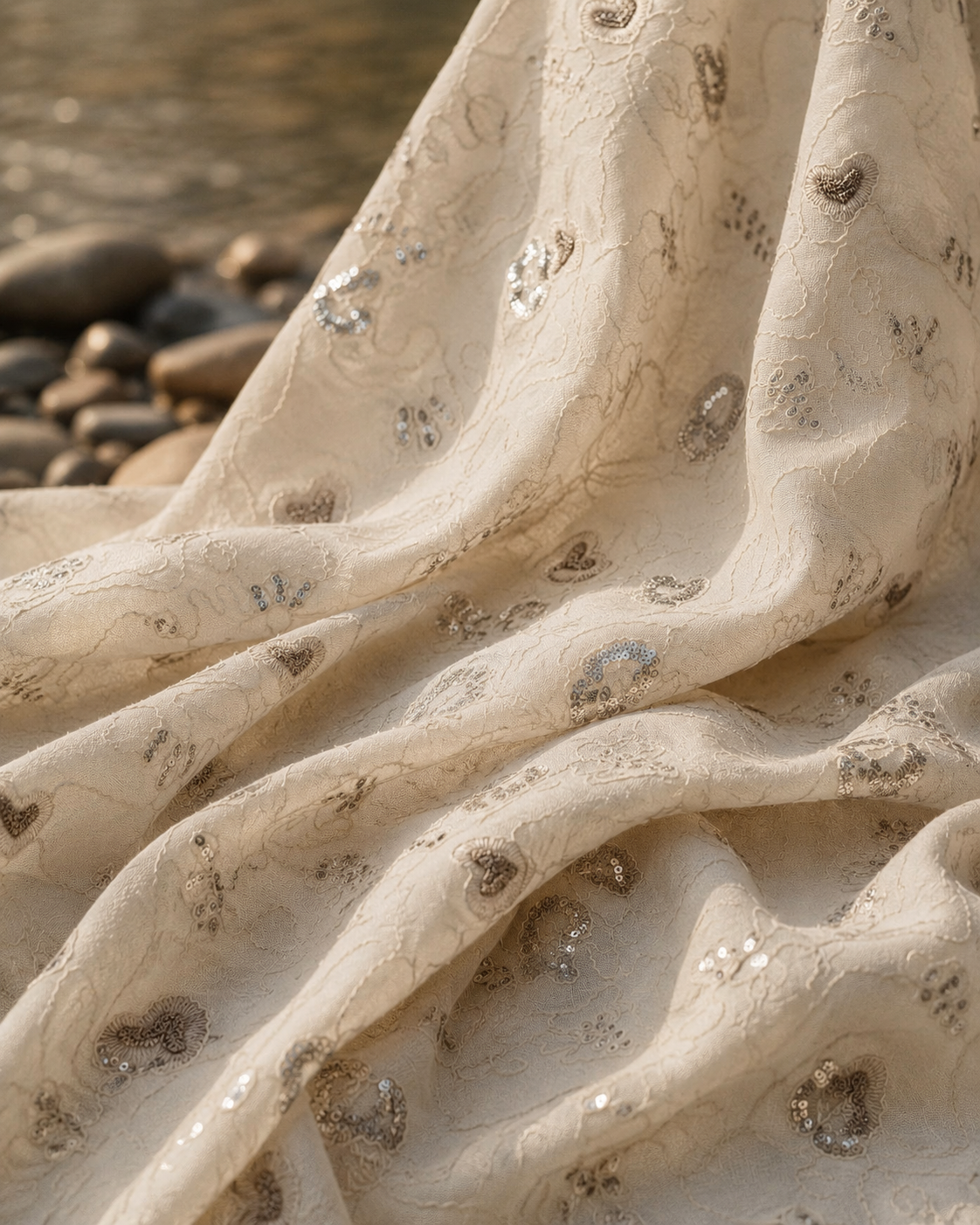Ivory Slub Cotton Embroidered Sequin Fabric - image 4