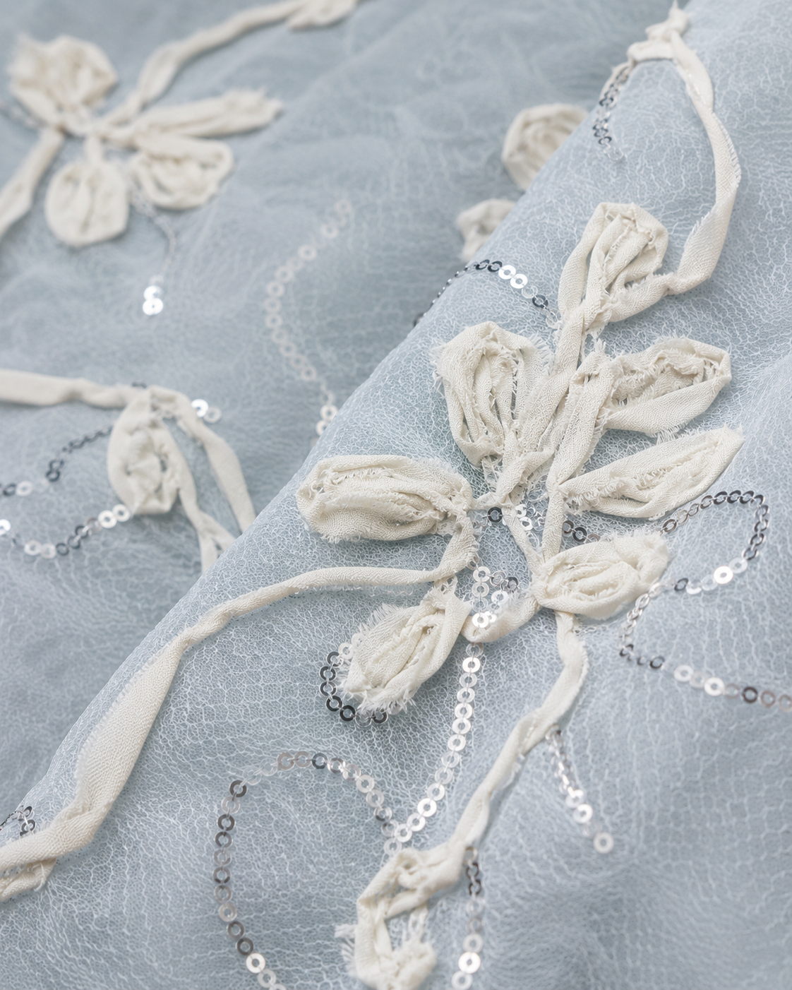 Tulle Fabric with Ribbon Embroidery and Sequin Embellishment - image 3