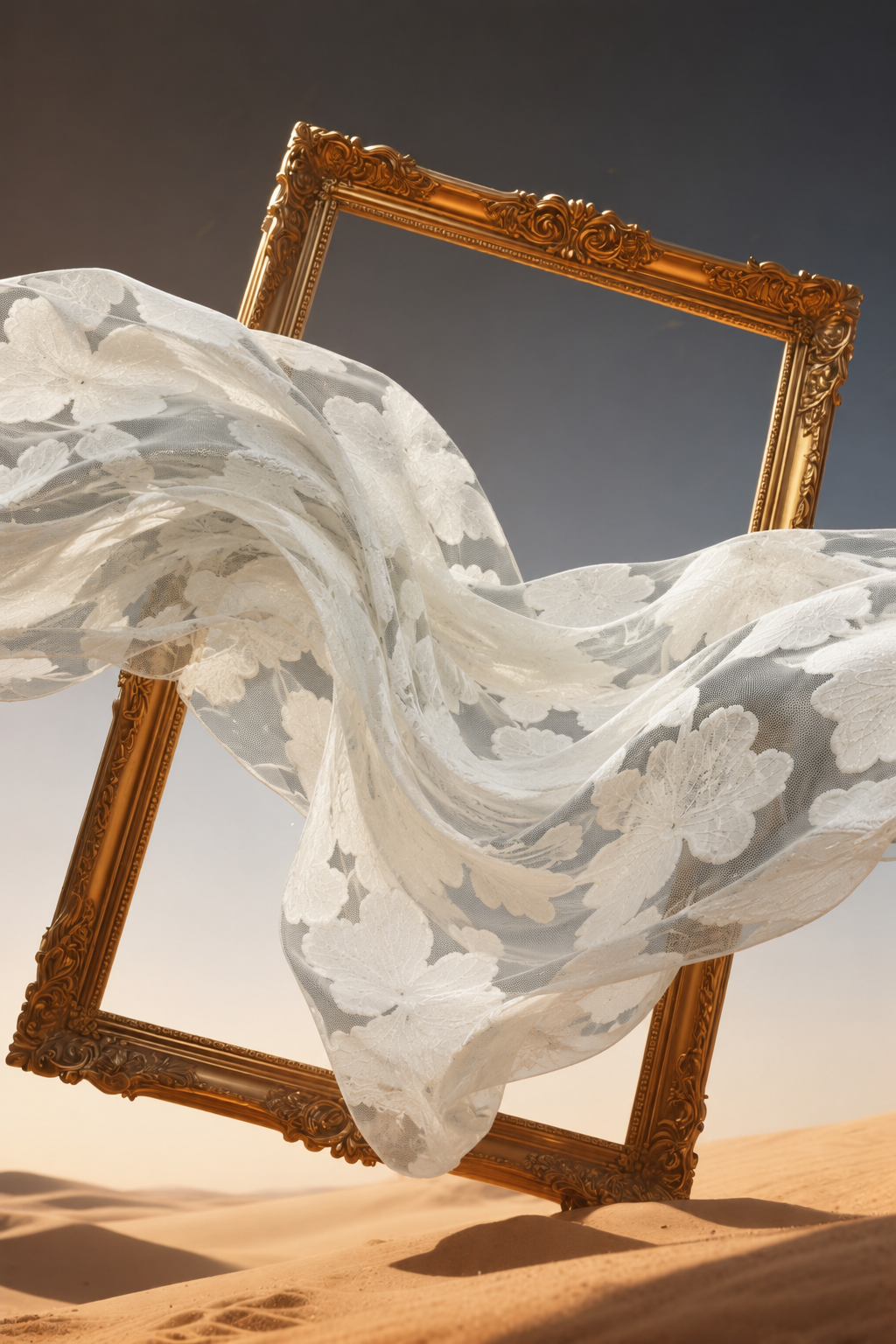 Light Cream 3D Floral Embroidered Net Fabric - image 1
