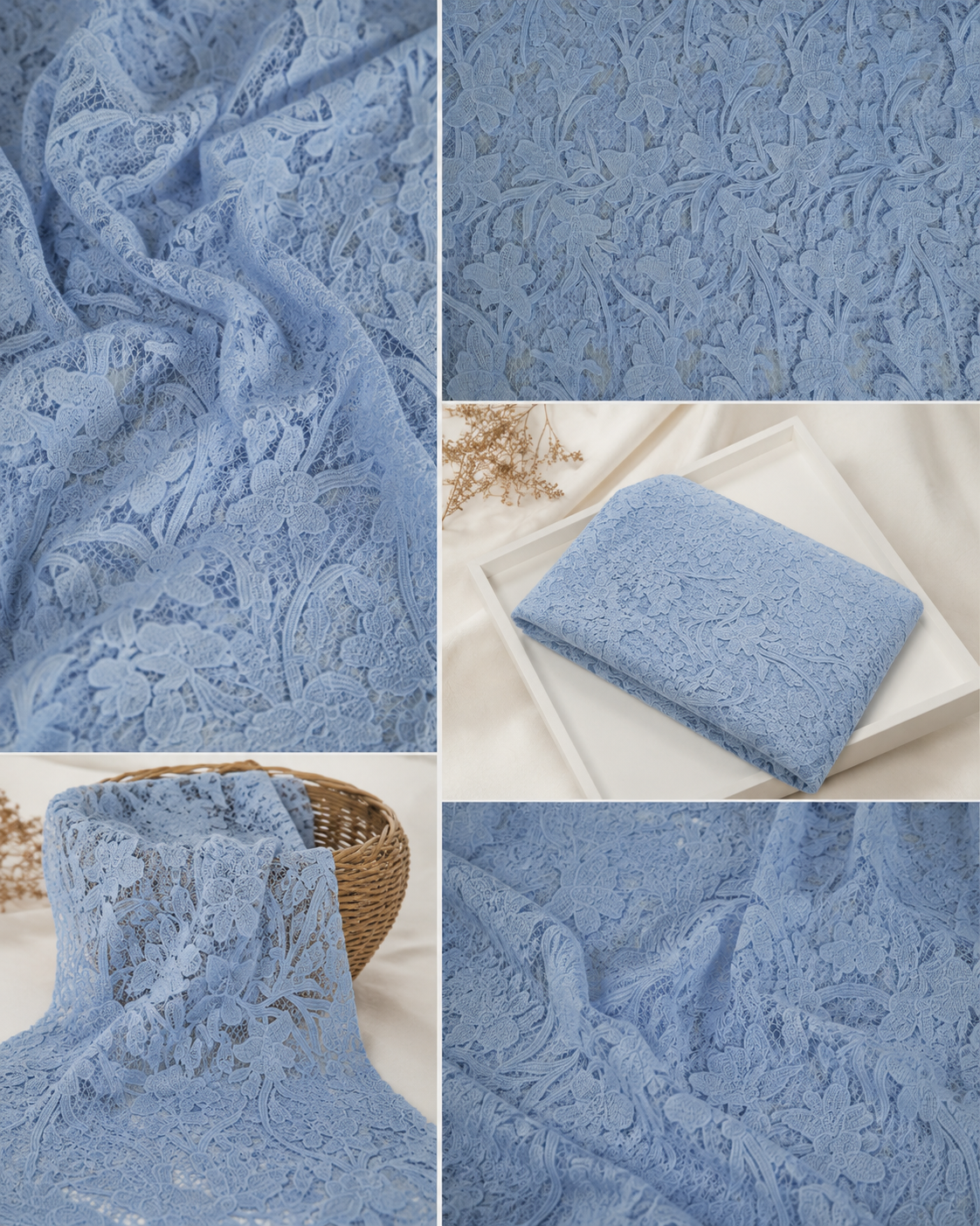 Powder Blue Heavy Floral Embroidered Net Fabric - image 5