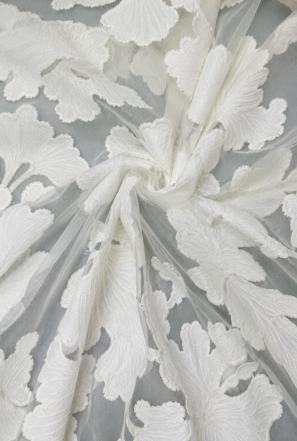 Light Cream 3D Floral Embroidered Net Fabric - image 6