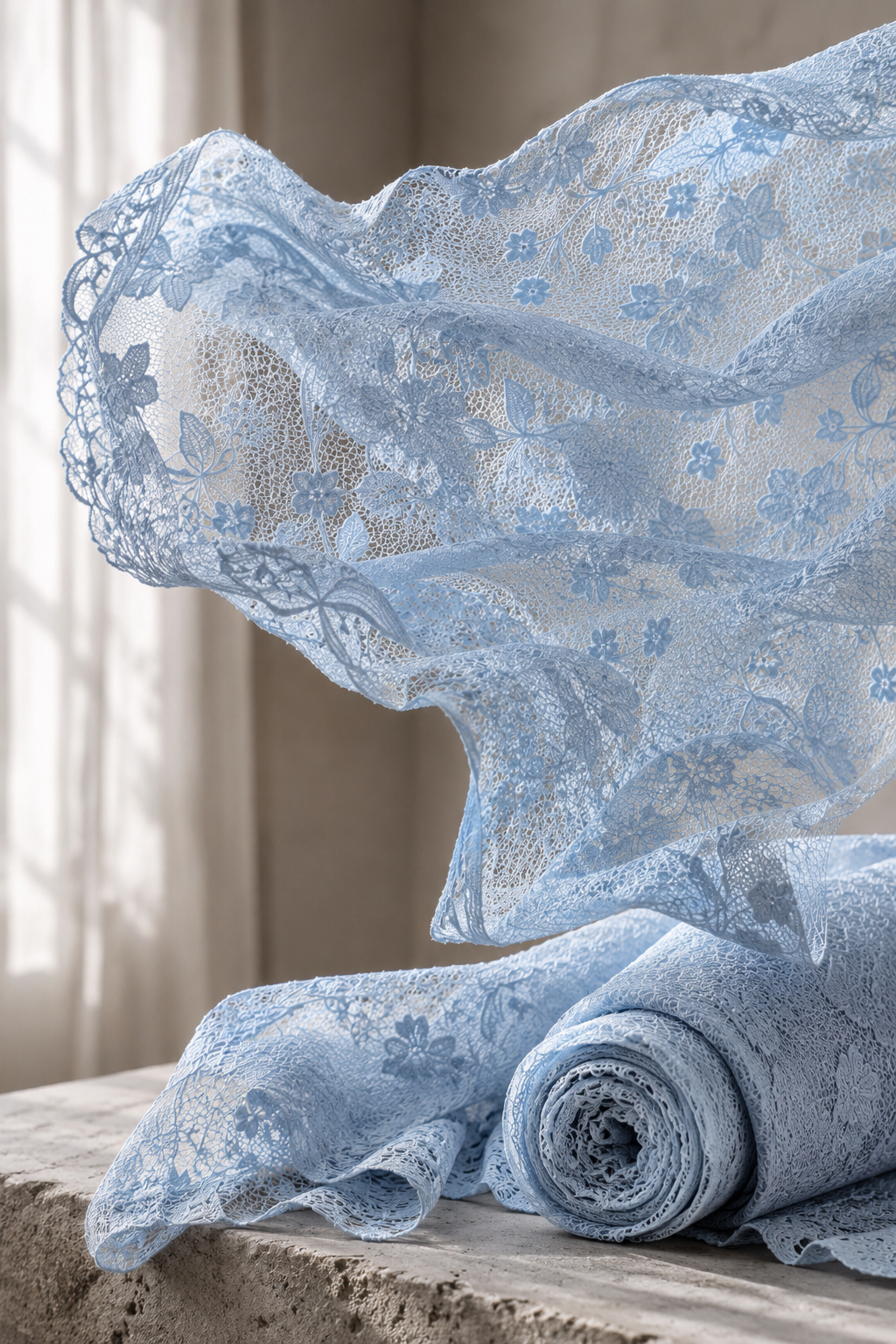 Swatch - Powder Blue Floral Embroidery Net Fabric