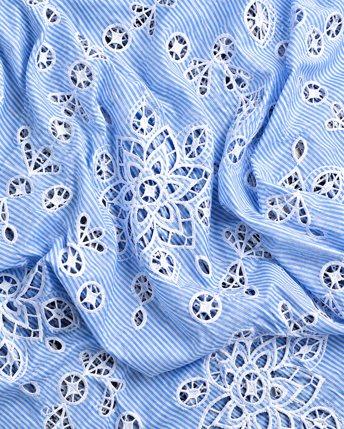 Blue Striped Fabric with White Circular Lace Motifs