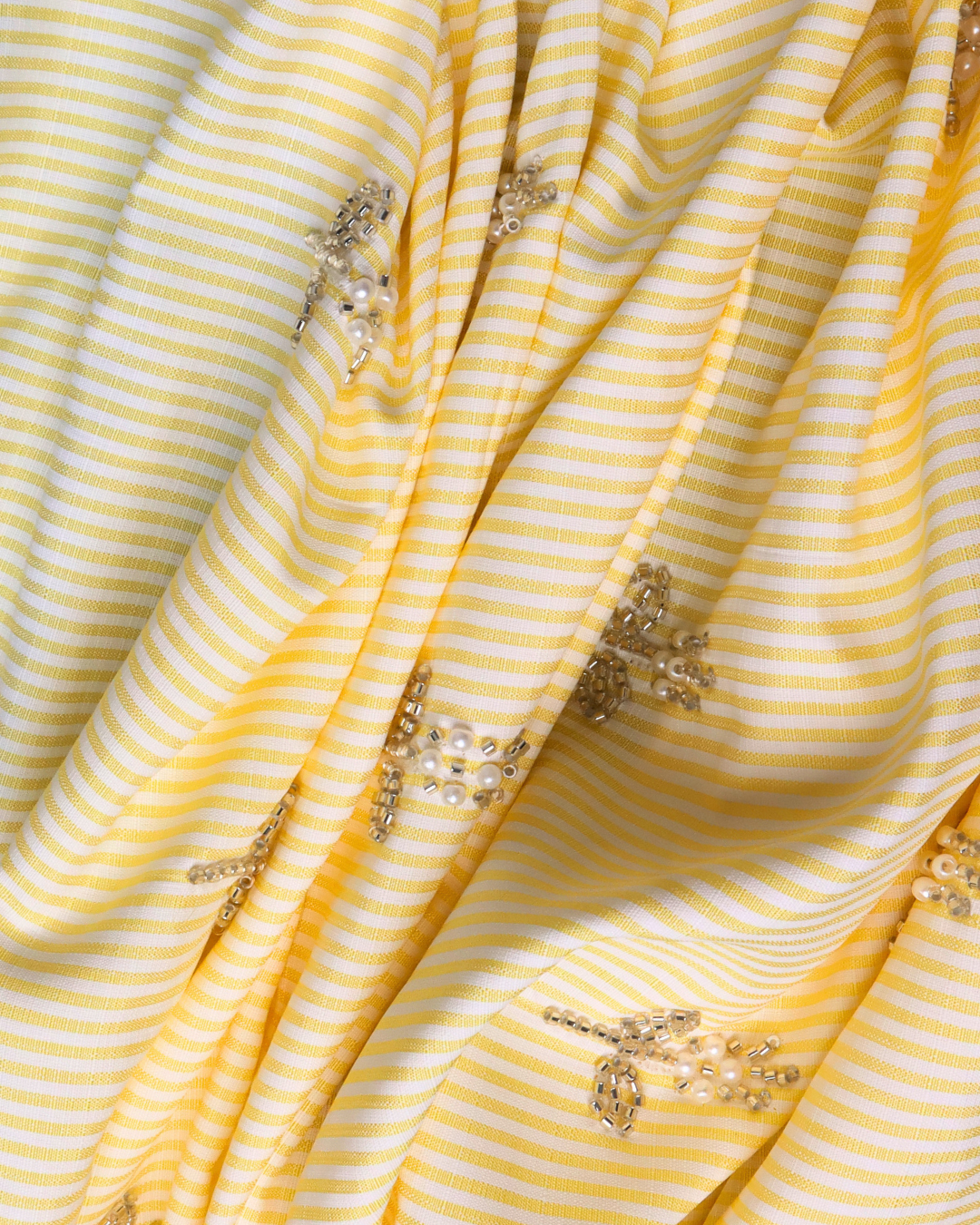 Yellow striped Fabric with Beaded Motif Embroidery