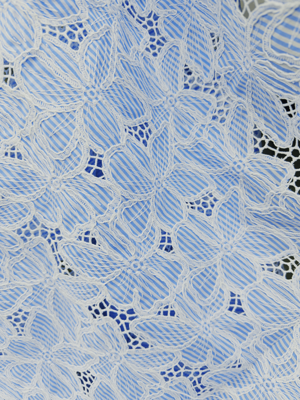 Blue and White Striped Floral Corded Schiffli Fabric with Cutwork Lace