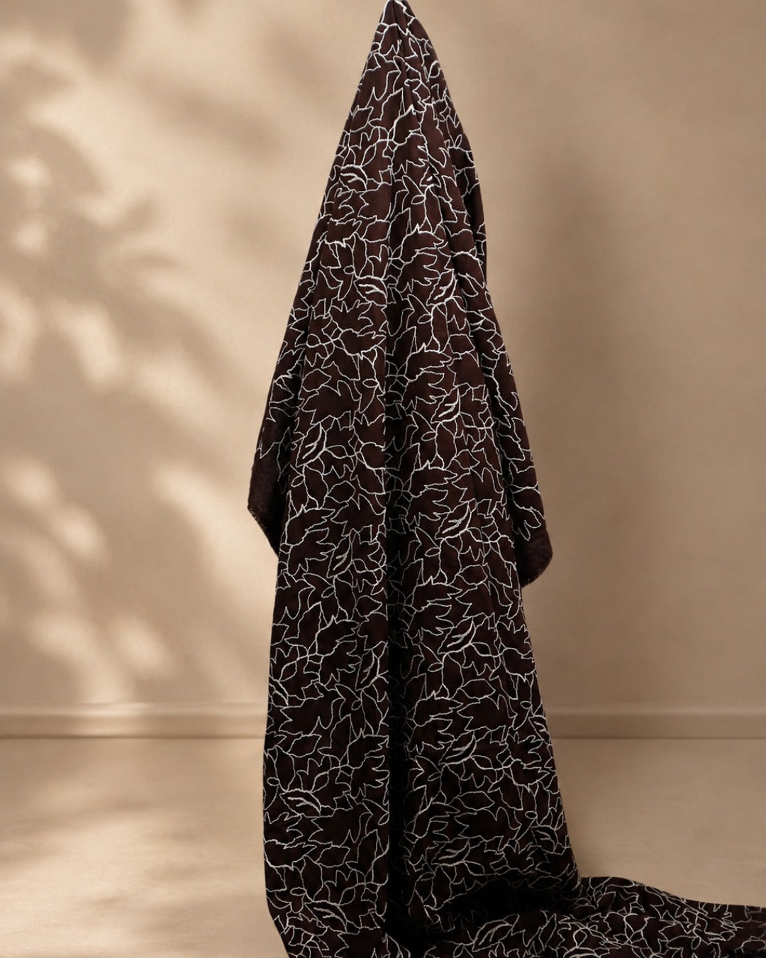 Brown Fabric with Ivory Chain-Stitch Leaf Embroidery