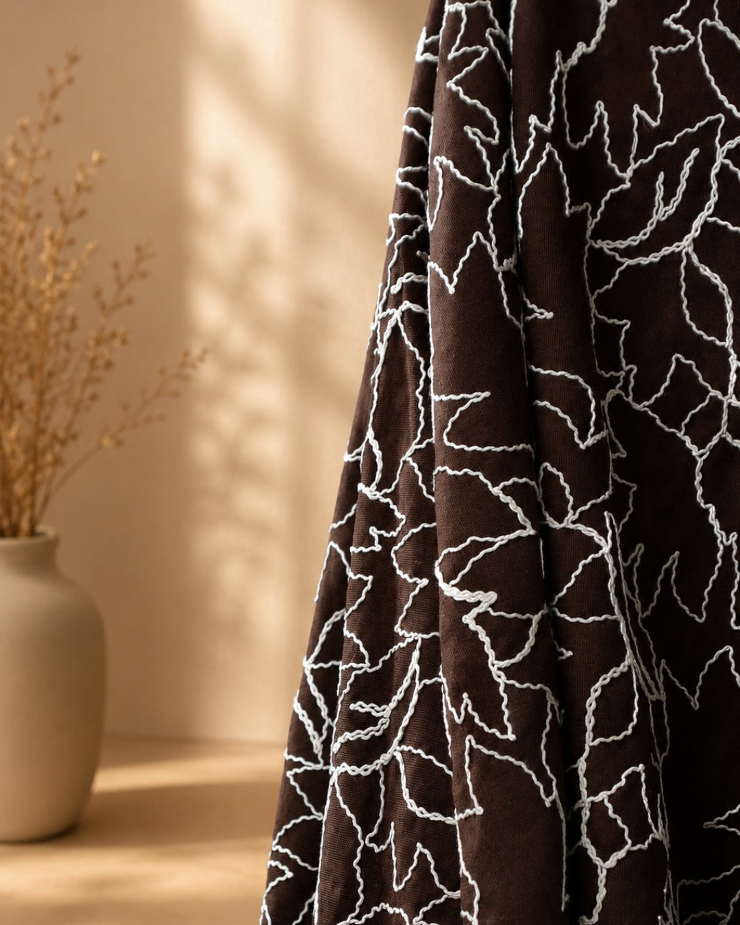 Brown Fabric with Ivory Chain-Stitch Leaf Embroidery