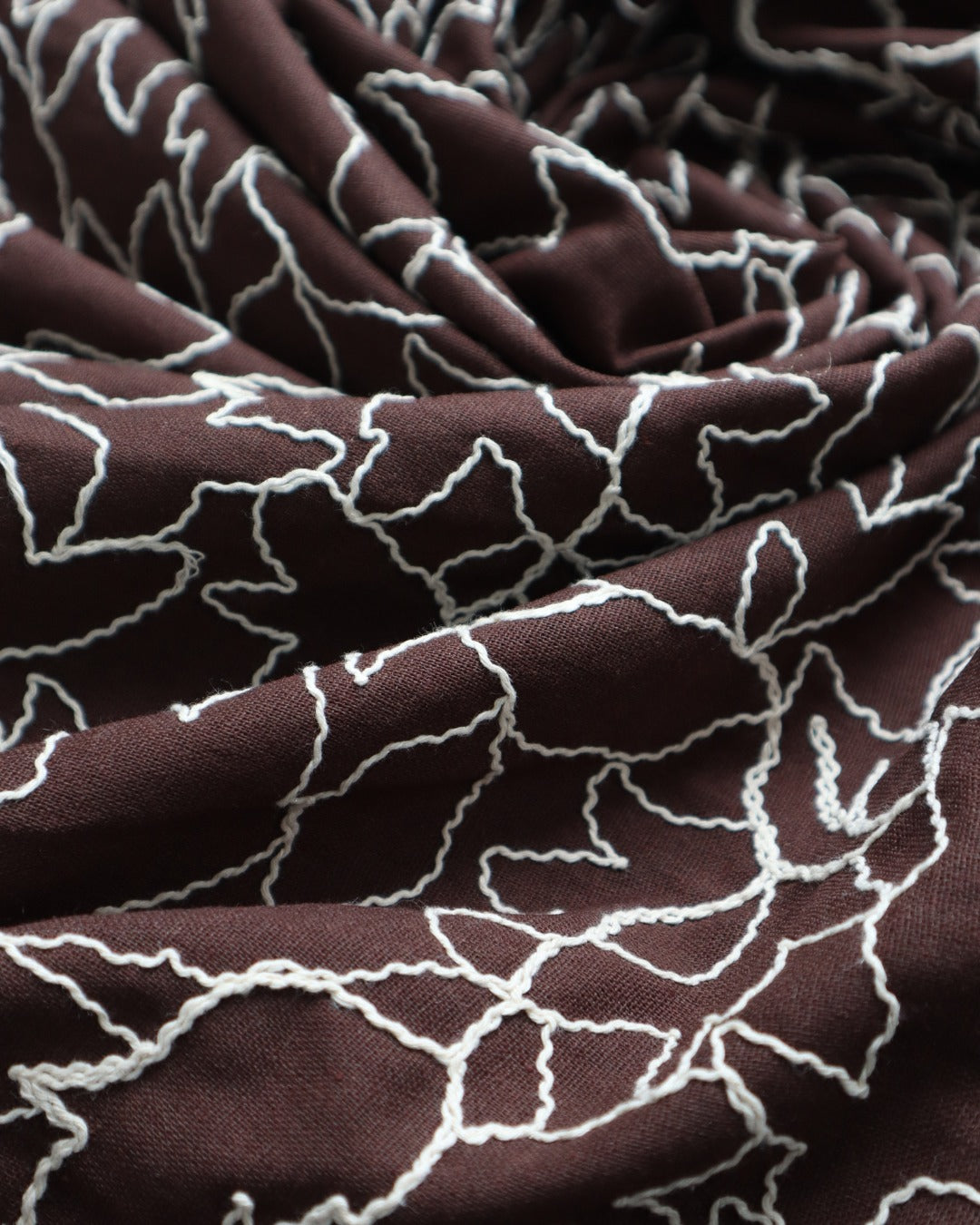 Brown Fabric with Ivory Chain-Stitch Leaf Embroidery