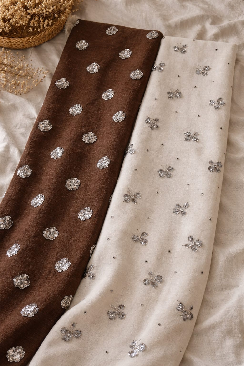 Hand Embellished Floral Butti Linen Blend Fabric – Brown & Ivory