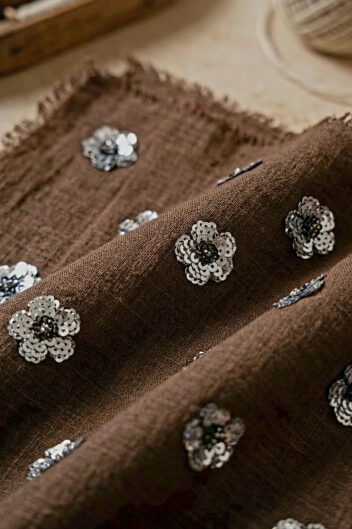 Hand Embellished Floral Butti Linen Blend Fabric – Brown & Ivory