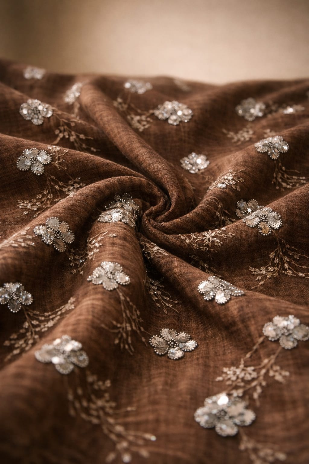Hand Embellished Floral Butti Linen Blend Fabric – Brown & Ivory