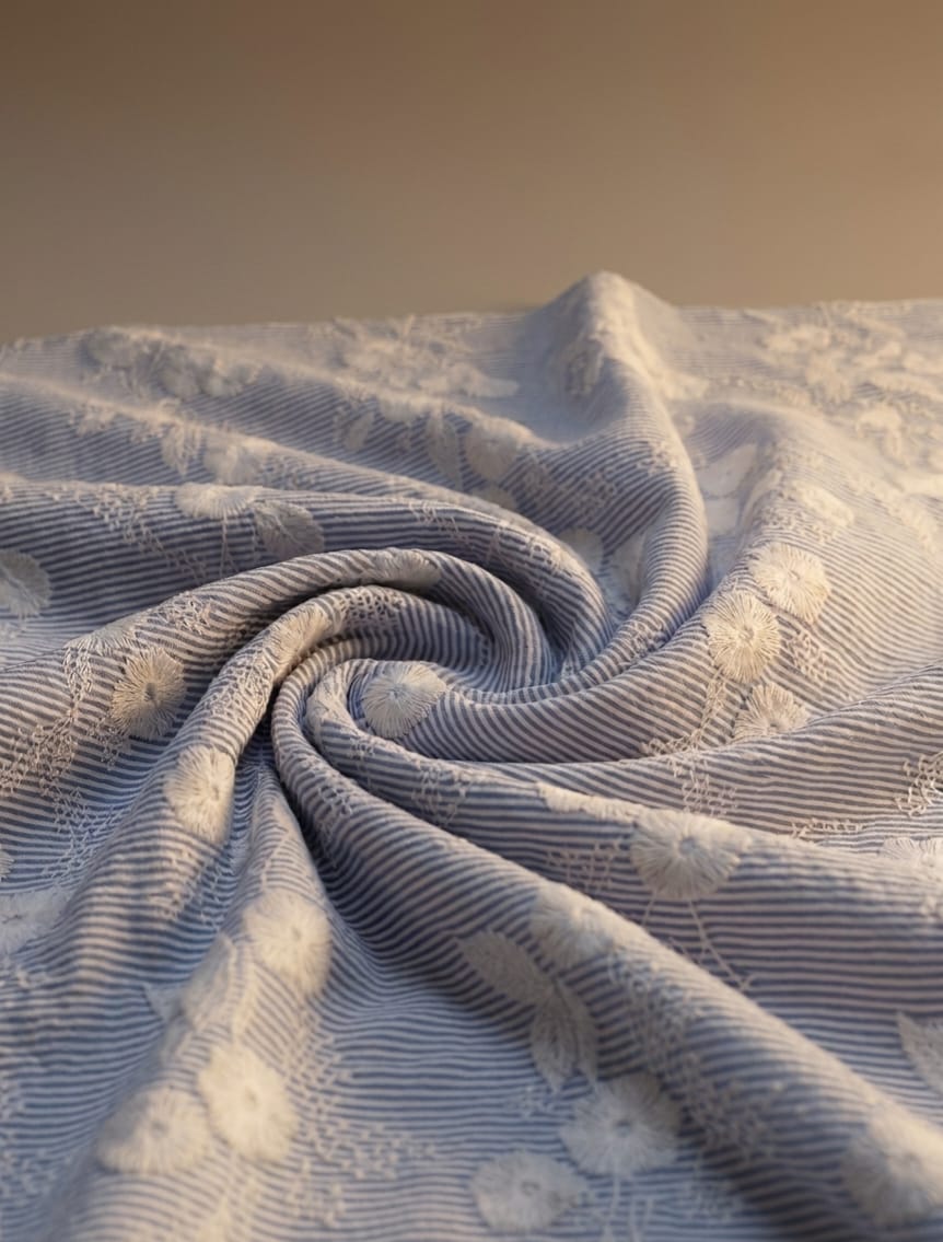Blue & White Floral Schiffli Embroidered Striped Cotton Fabric