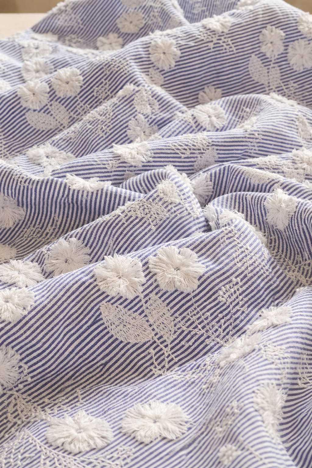 Blue & White Floral Schiffli Embroidered Striped Cotton Fabric