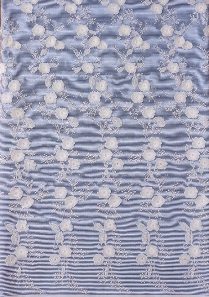 Blue & White Floral Schiffli Embroidered Striped Cotton Fabric