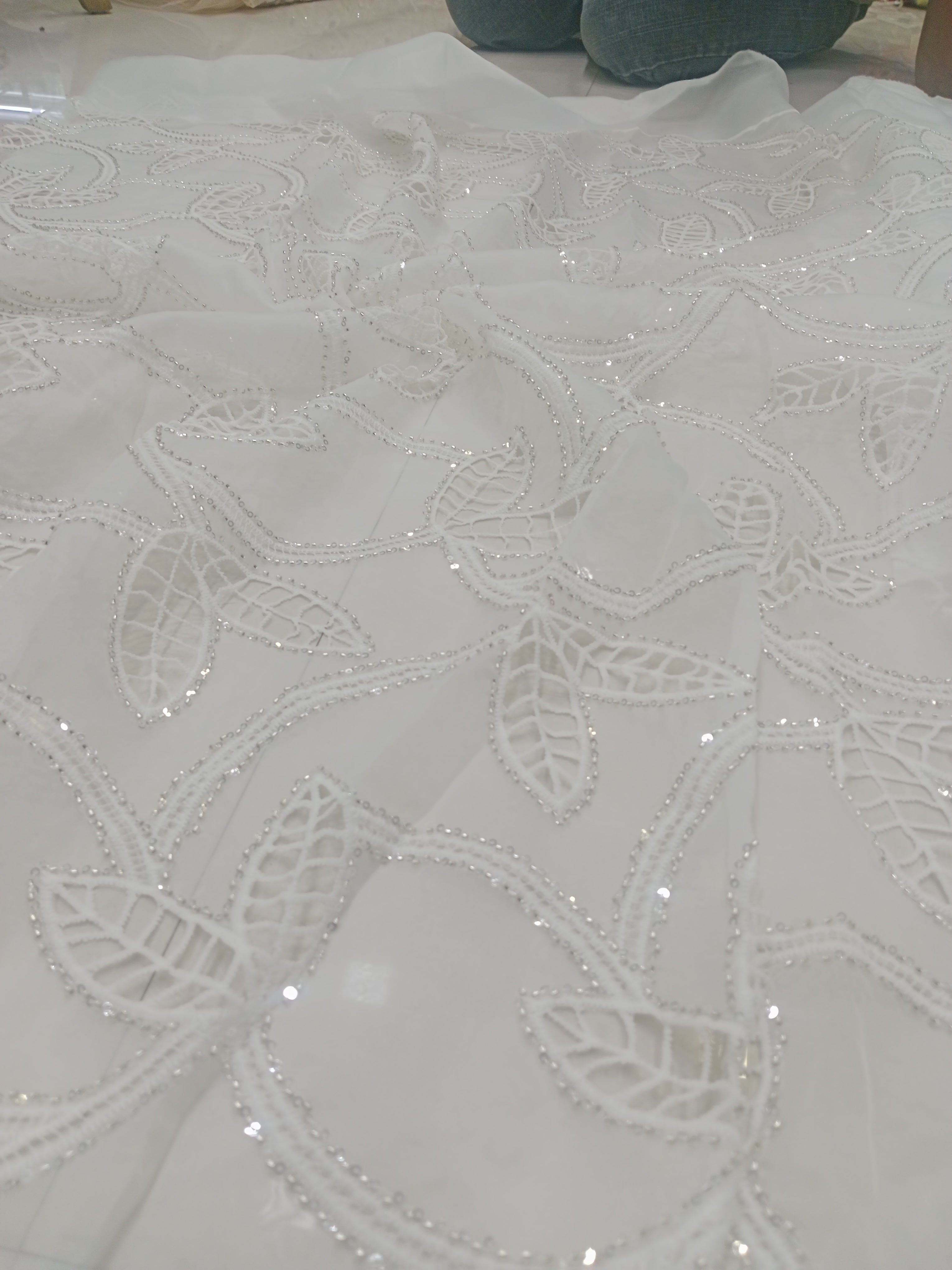 White Sequin Leaf Vine Embroidered Organza Fabric