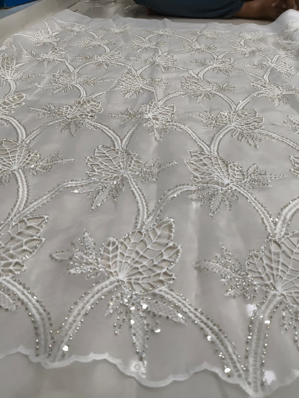 White Sequin Leaf Vine Embroidered Organza Fabric