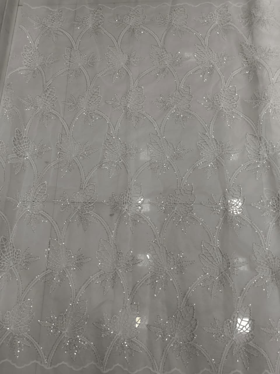 White Sequin Leaf Vine Embroidered Organza Fabric