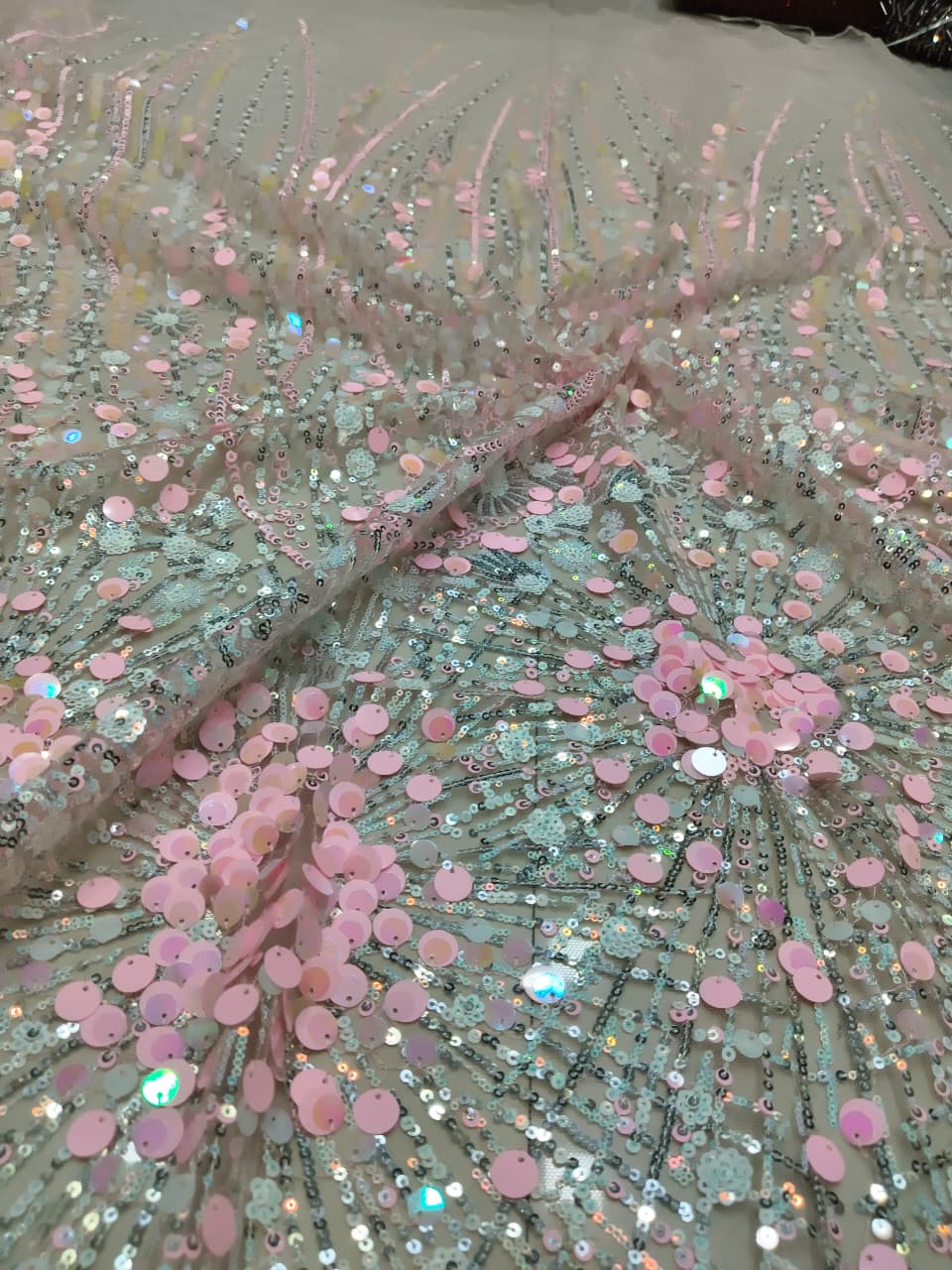Blush Pink 3D Sequin Floral Burst Embroidered Net Fabric